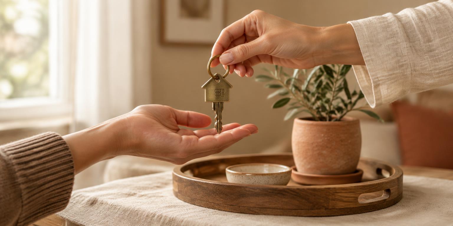 Two hands exchanging a house key over a wooden tray with a small potted plant