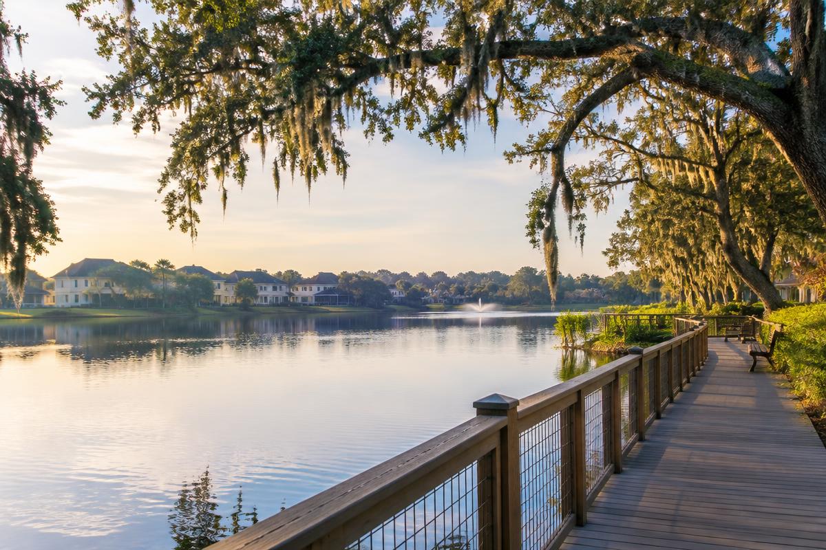 Boardwalk along a calm lake framed by oak trees in Lake Mary, Florida