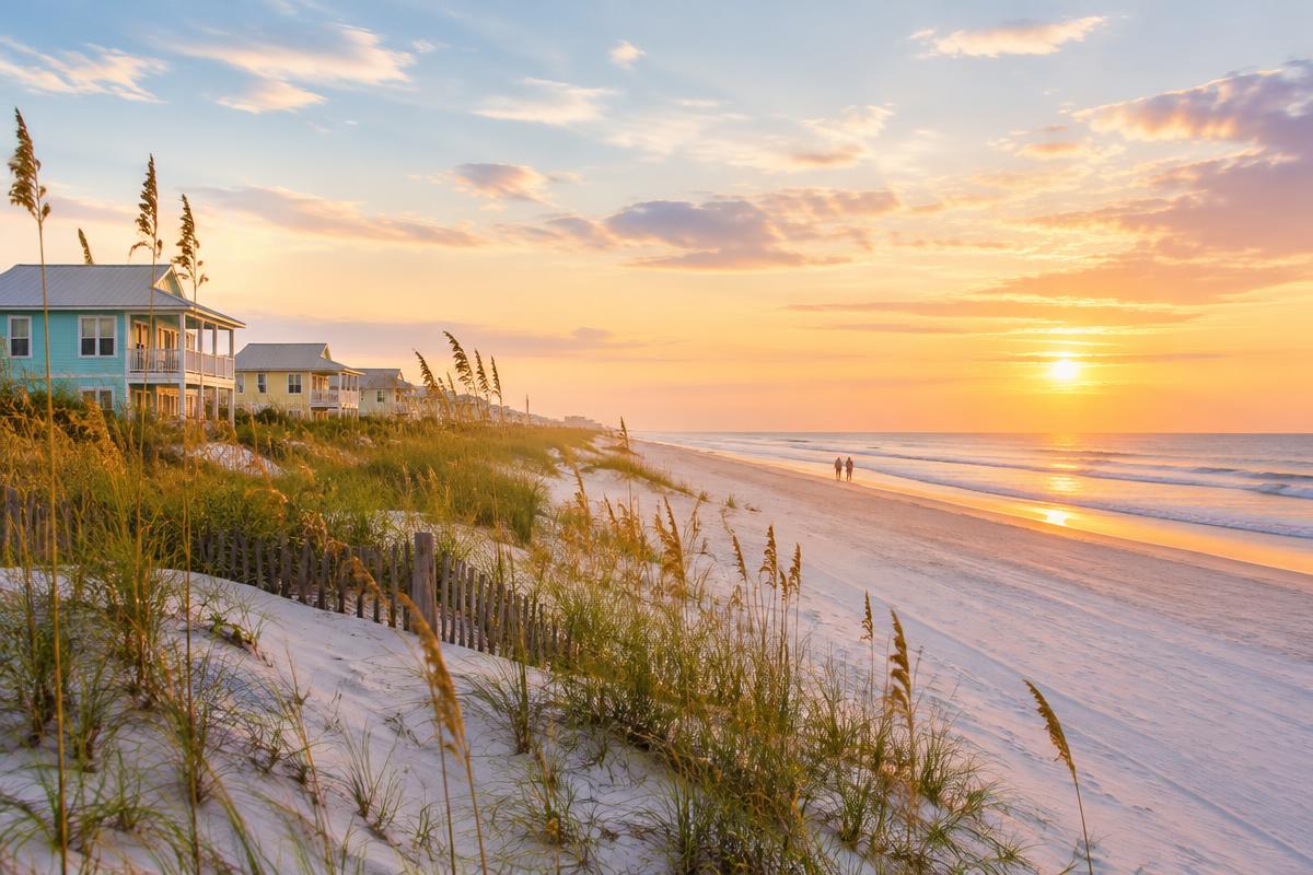 Sunrise over the dunes and sea oats at New Smyrna Beach