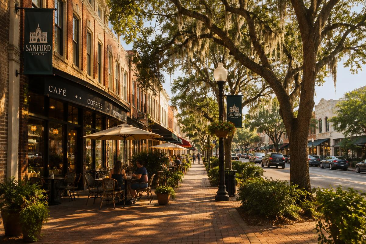 Brick sidewalk and cafes under oak trees in historic downtown Sanford