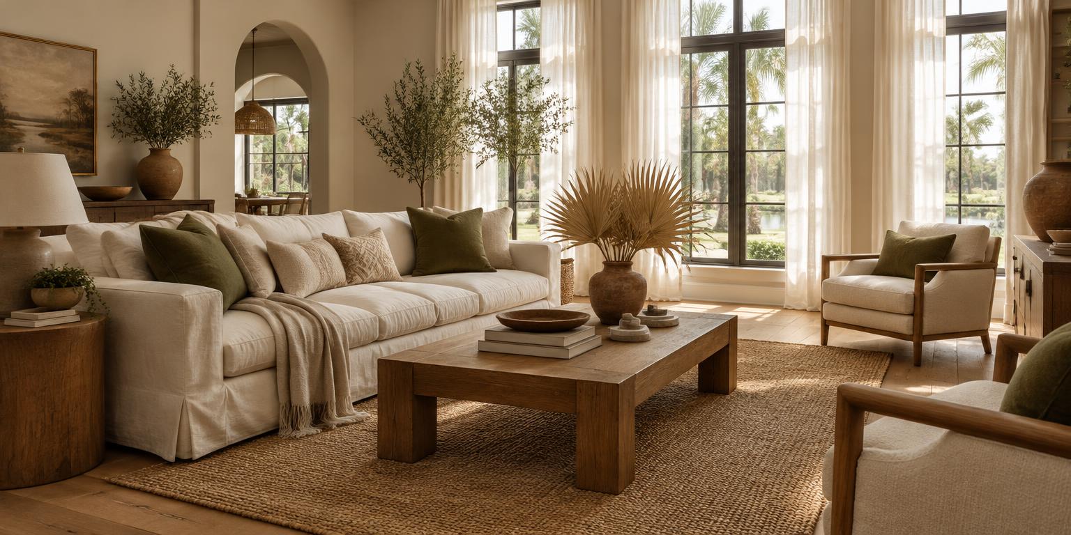 Bright staged living room with an ivory sofa, olive throw pillows and tall windows