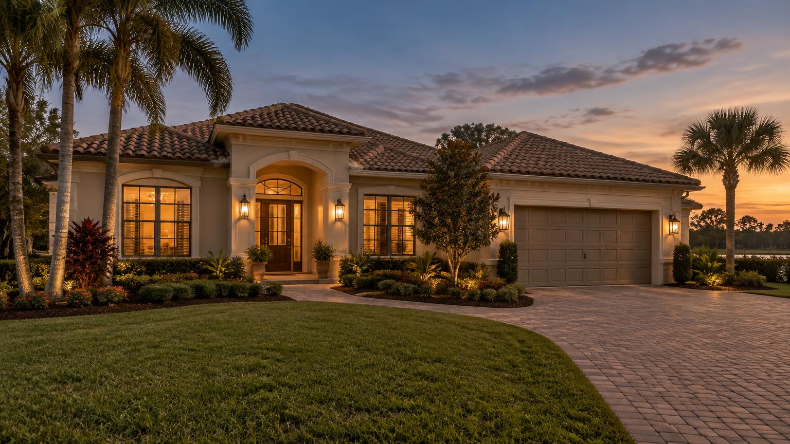 Warmly lit Central Florida home exterior at dusk with palm trees and a paver driveway